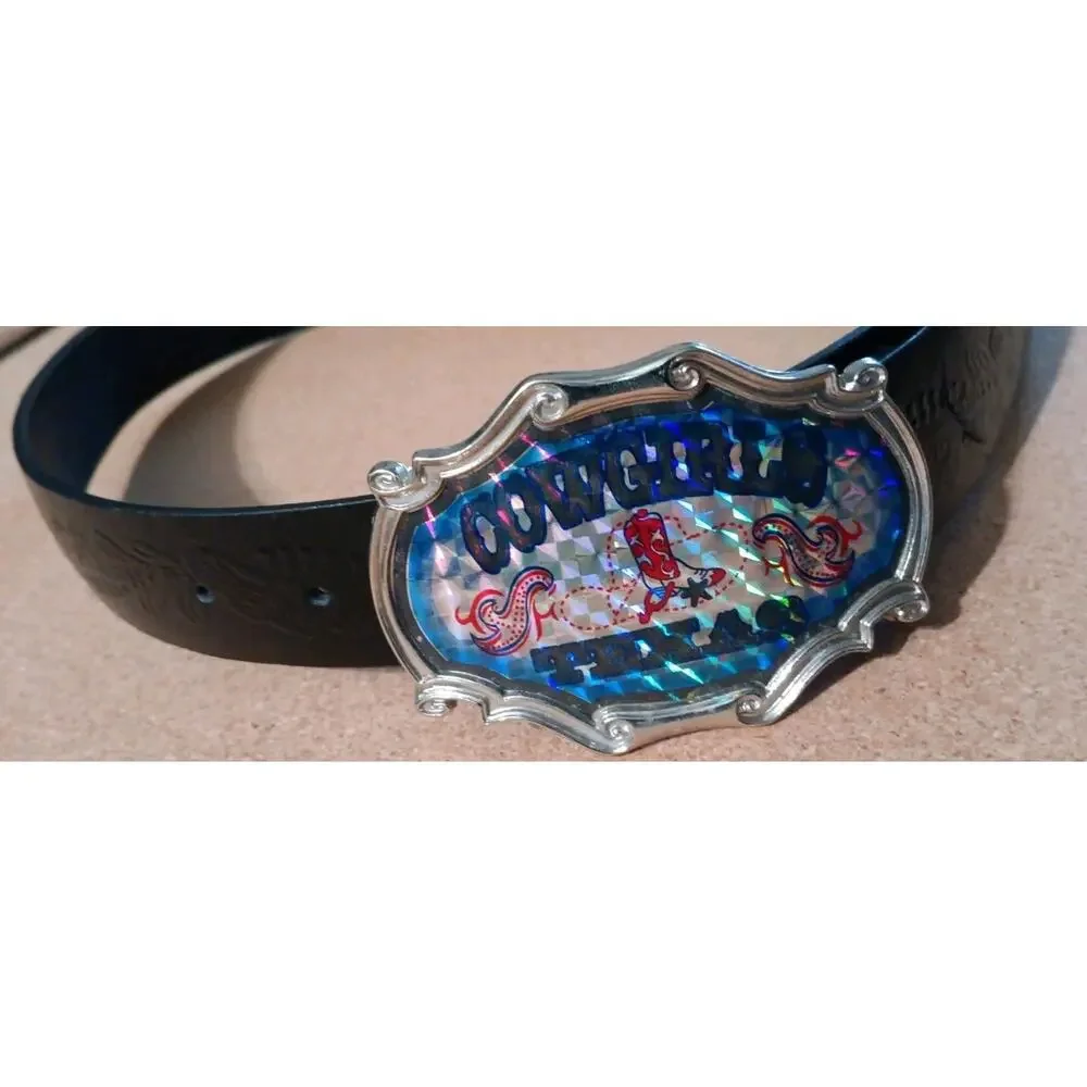 Cowgirls Texas Belt & Buckle Genuine Bonded Leather Floral Embossed Sz 33 M/L
